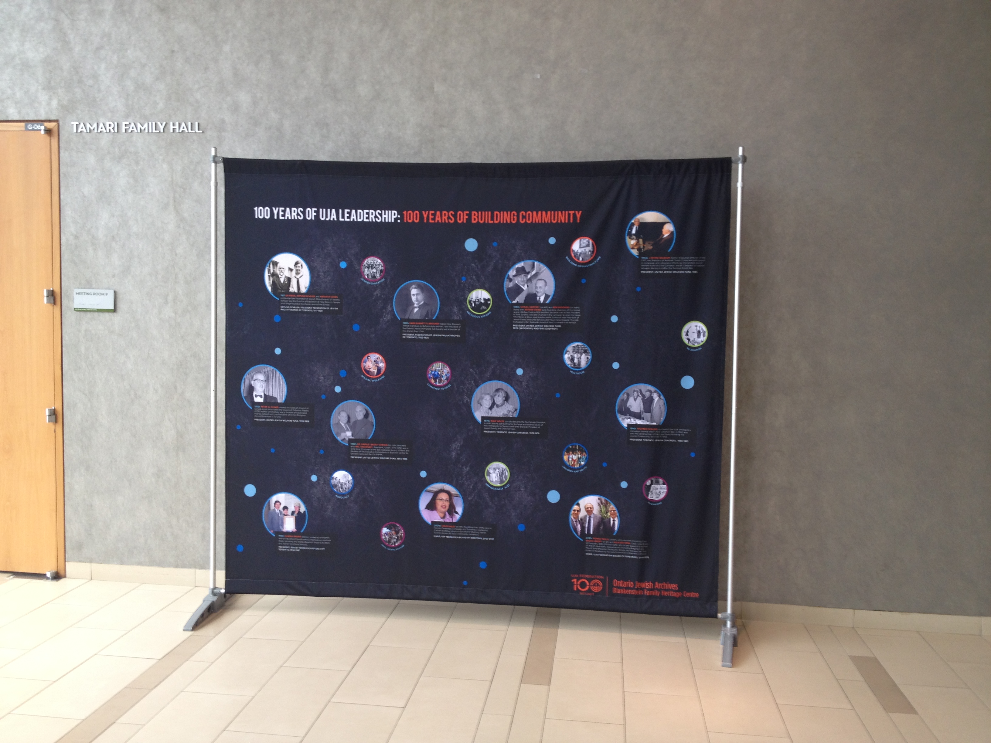 Vinyl exhibition poster with images and text depicting 100 years of UJA Leaders.