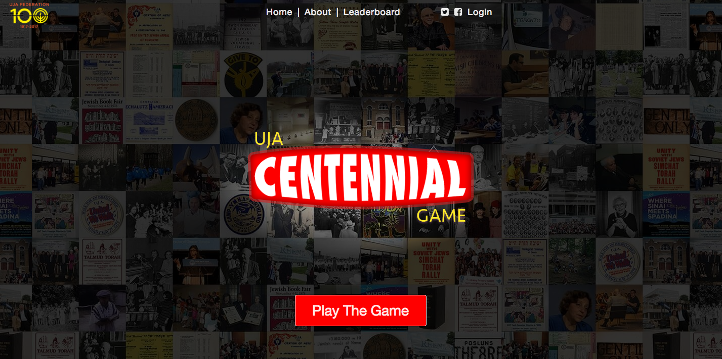 Screenshot of UJA Centennial Game homepage. Title text with Play The Game button over 100 squares with archival images.
