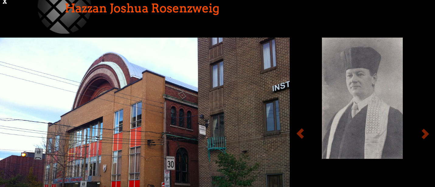 Screensheet of Hazzan Joshua Rosenzwieg. Include image of a building with a done of the former synagogue hidden behind the modern facade of a high school. Image gallery also include picture Rosenzweig in cantor attire, a tall black hat and robewith white prayer shawl.